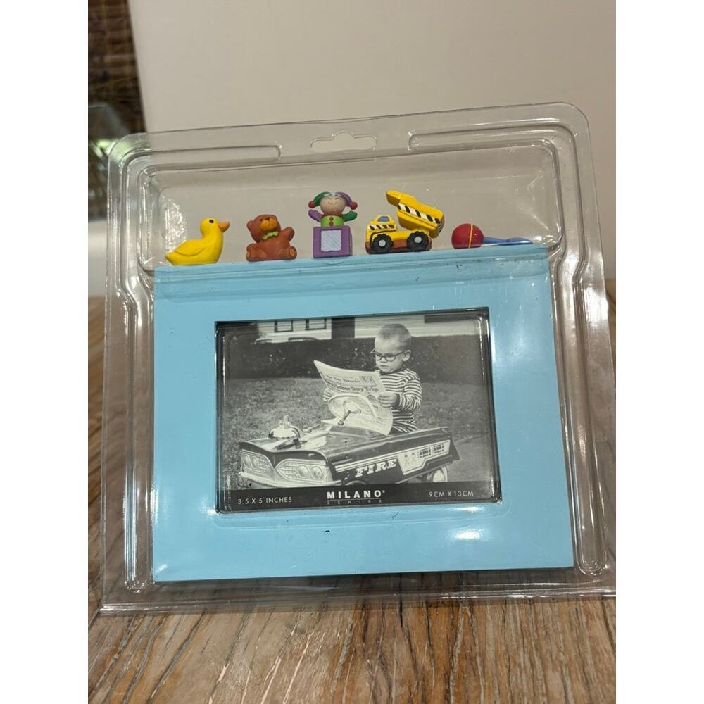 Milano Blue Picture Frame with duck, bear, doll, dump truck, and a red ball NEW